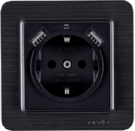 Розетка із заземленням і шторками USB-A + USB-A 5V-2.4A Arvia Electric Lavin Чорний матовий (21 25 4000 300)